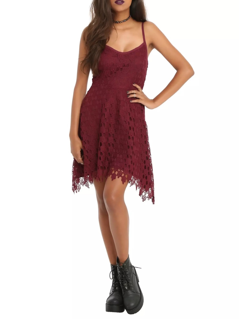 Hot Topic maroon fit-and-flare skull lace skater dress size S/M